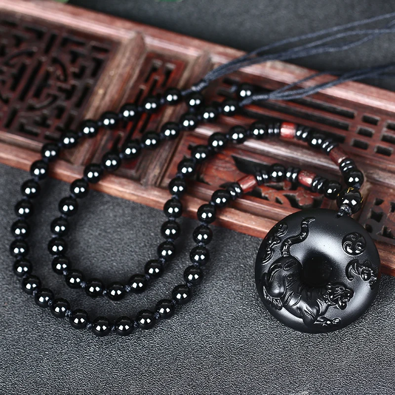 Ожерелье из натурального черного обсидиана с бусинами ручная работа подвеска в