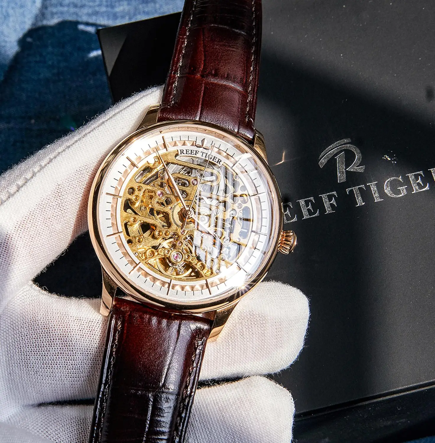 Риф Тигр/RT Скелет автоматические часы из розового золота коричневый кожаный