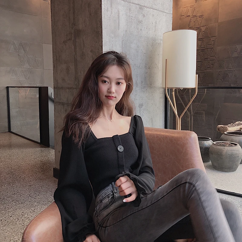 Women Slim Patchwork Chiffon Full Lantern Sleeve Square Collar Cropped T-Shirts Lady Knitted Stretchy Crop Tops Tshirt For Girls