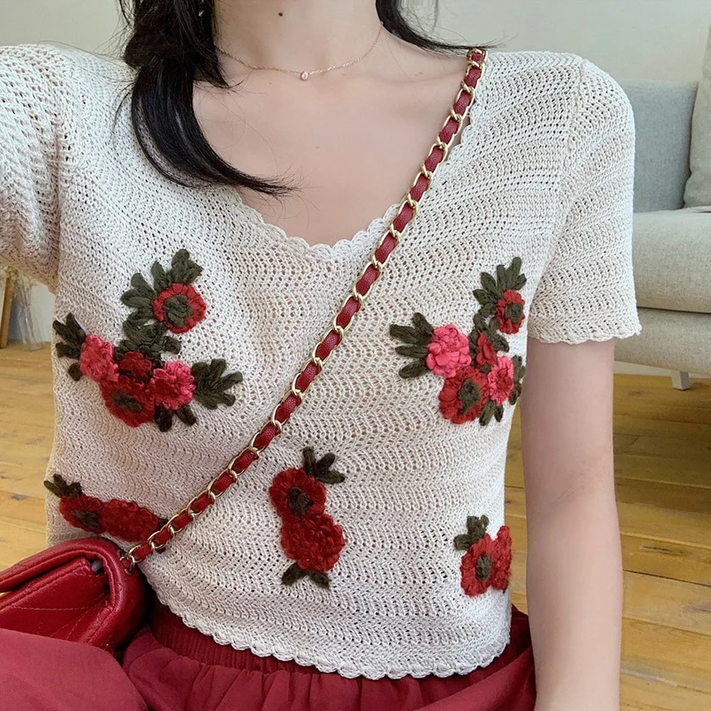 Женский Осенний винтажный корейский Вязаный топ с вышивкой + юбка эластичной