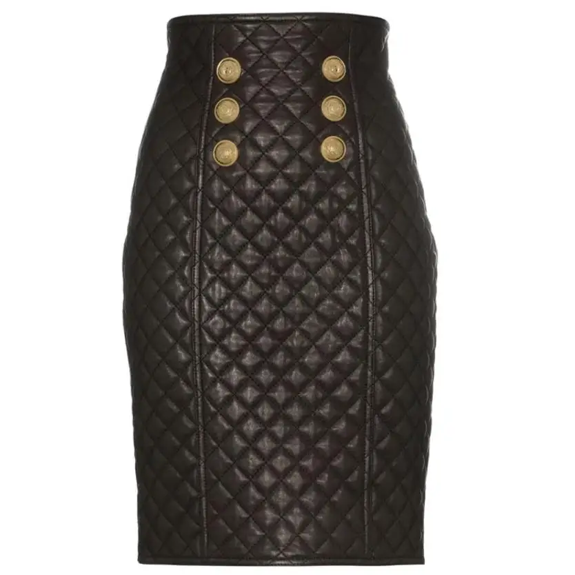 

New fashion pu Skirt Women double breasted Sewing Grid Empire Synthetic faux Leather Skirt