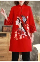 new winter chinese mandarin big size retro stand collar peking opera embroidered loosen woolen dress for women