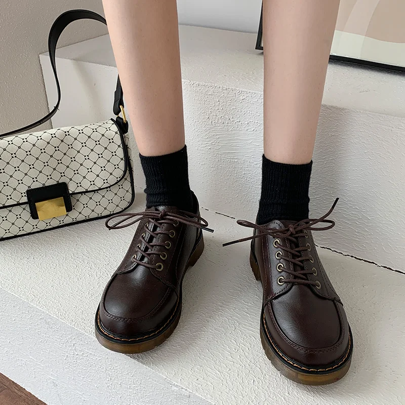 

Round Toe Soft Low Heels All-Match Womens Derby Shoes Casual Female Sneakers Modis Flats British Style Leather 2021 Dress On Hee