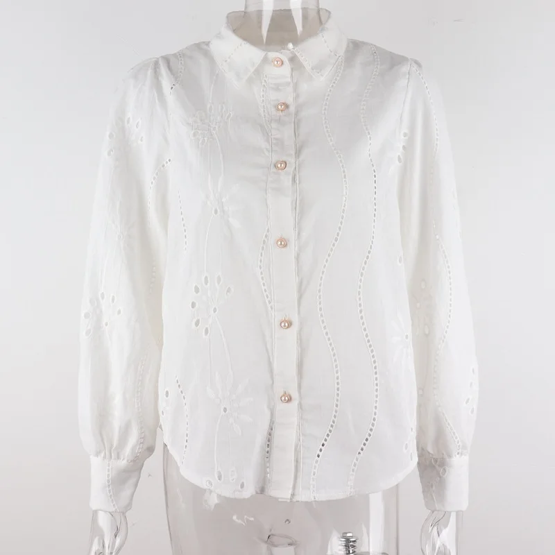 

Sexy Translucent Casual Commute Tops Women Embroidery Hook Flower Puff Sleeve T-Shirts Solid Colors White Lace Long Sleeve Tees