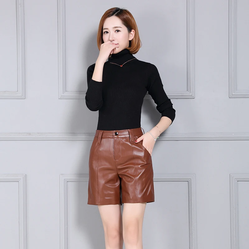 Genuine Leather Fashion Womens Shorts Streetwear High Waist Casual Stretchy Trousers Punk Comfort High Quality Pantalon Female