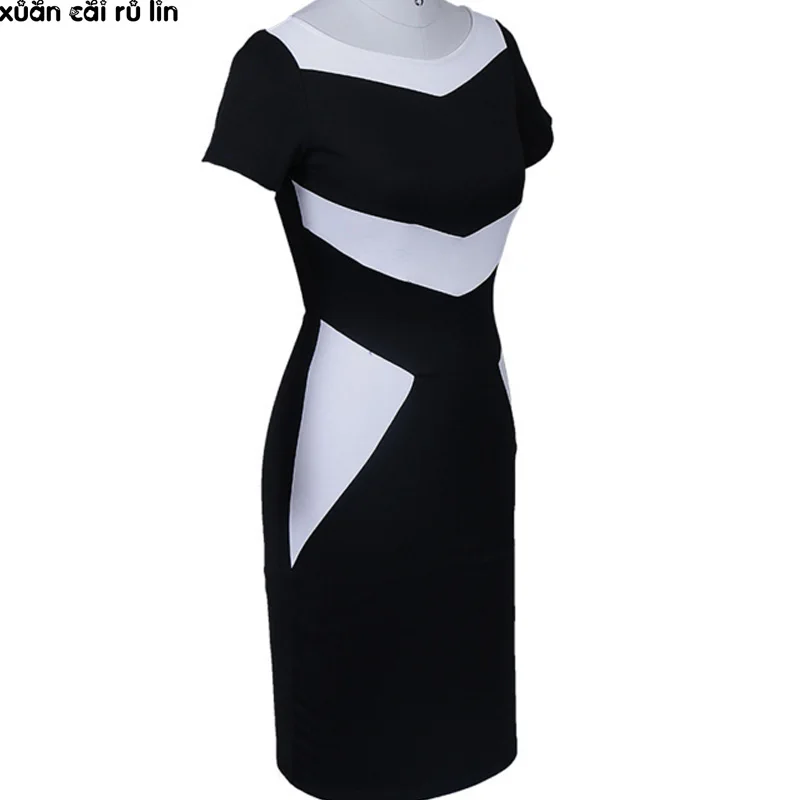 Женские офисные платья карандаш черные и белые средней длины с разрезом больших