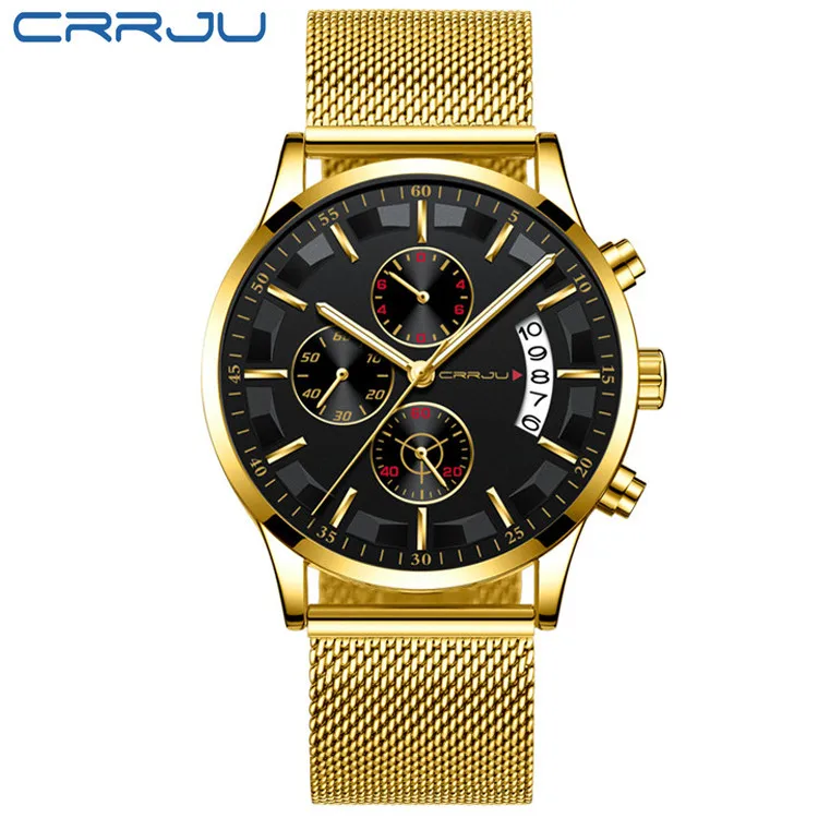 M Gold Black CRRJU Топ люксовый бренд для мужчин бизнес аналоговые кварцевые часы из нержавеющей стали ремешок наручные часы Relogio Masculino часы Horloges Hours - Цвет: M Gold Black