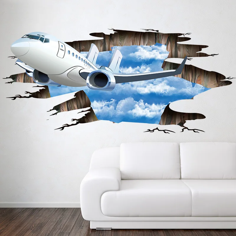 Pegatina de pared rota de avión 3D cielo azul, sala de estar calcomanías decorativas para, baño, decoración del hogar, pegatinas de suelo roto de avión