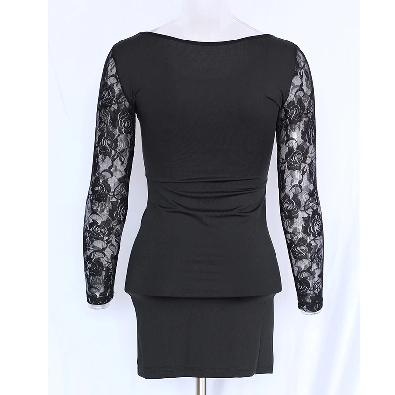 Кружевное лоскутное облегающее платье с рукавами женское однотонное вечернее