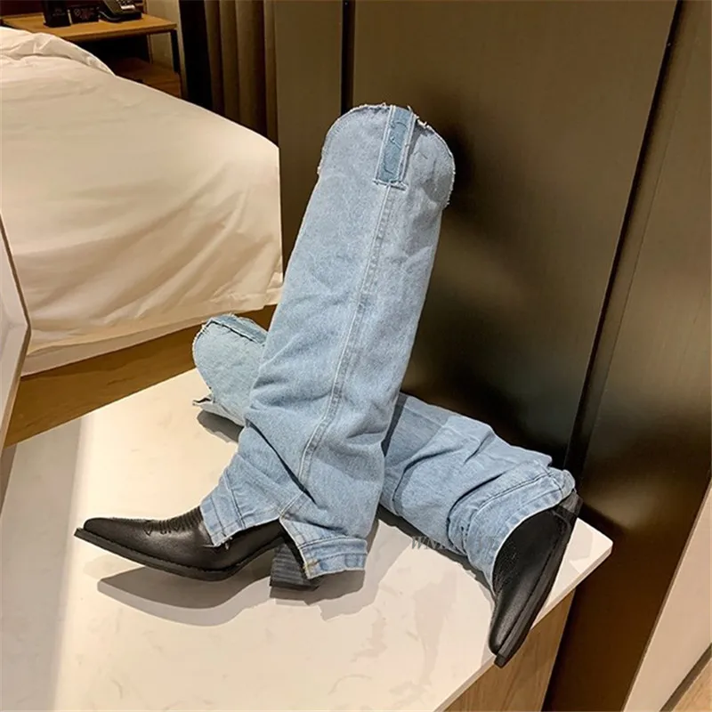 

Women long boots Western cowboy denim shoes block high heel retro knee high boots pointed toe catwalk knight booties 2020