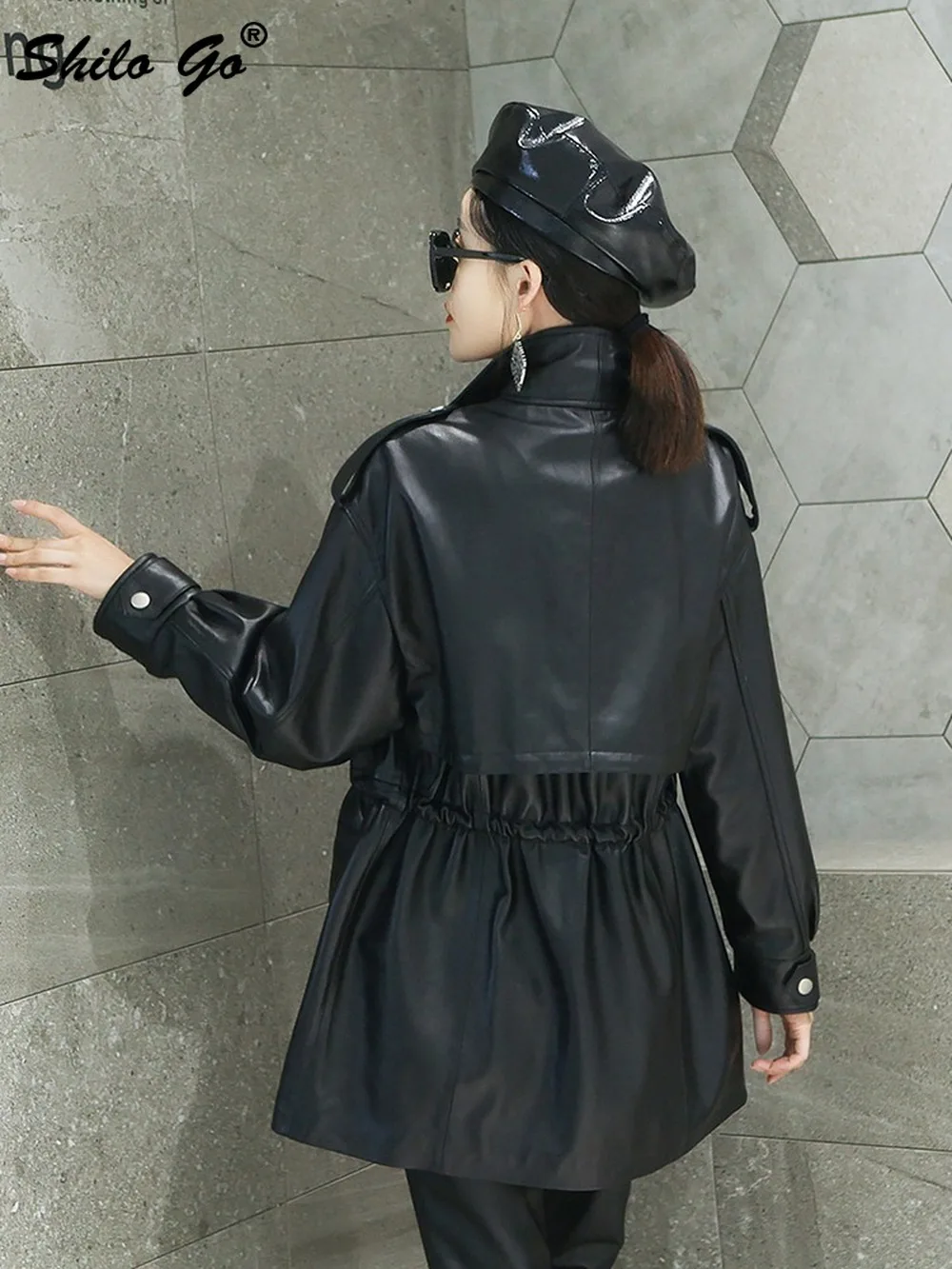 

Safari Style Pockets Detail Drop Shoulder Straight Coat Women Winter Casual Streetwear Genuine Leather Jacket Sheepskin Outwear