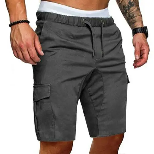 

Summer Men's Cargo Shorts Pants Solid Color Casual Shorts with Pockets Elastic Waist Beach Sport Male Beach Short Trousers Pants