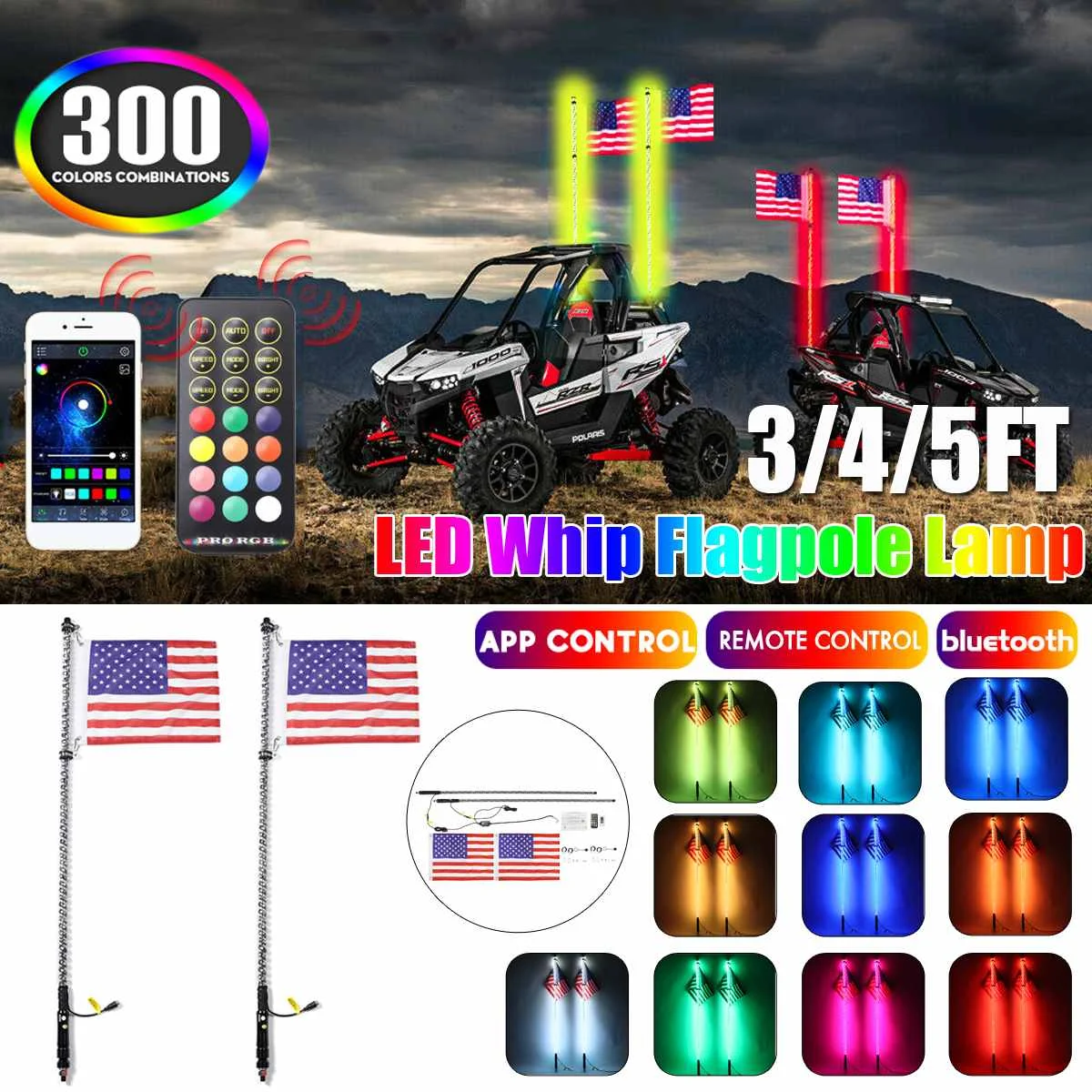 

3ft 4ft LED Whip Lights Smart Phone APP/bluetooth/Remote Control Smoked Len Flag Pole Safety Antenna for Offroad Jeep Dunes ATV