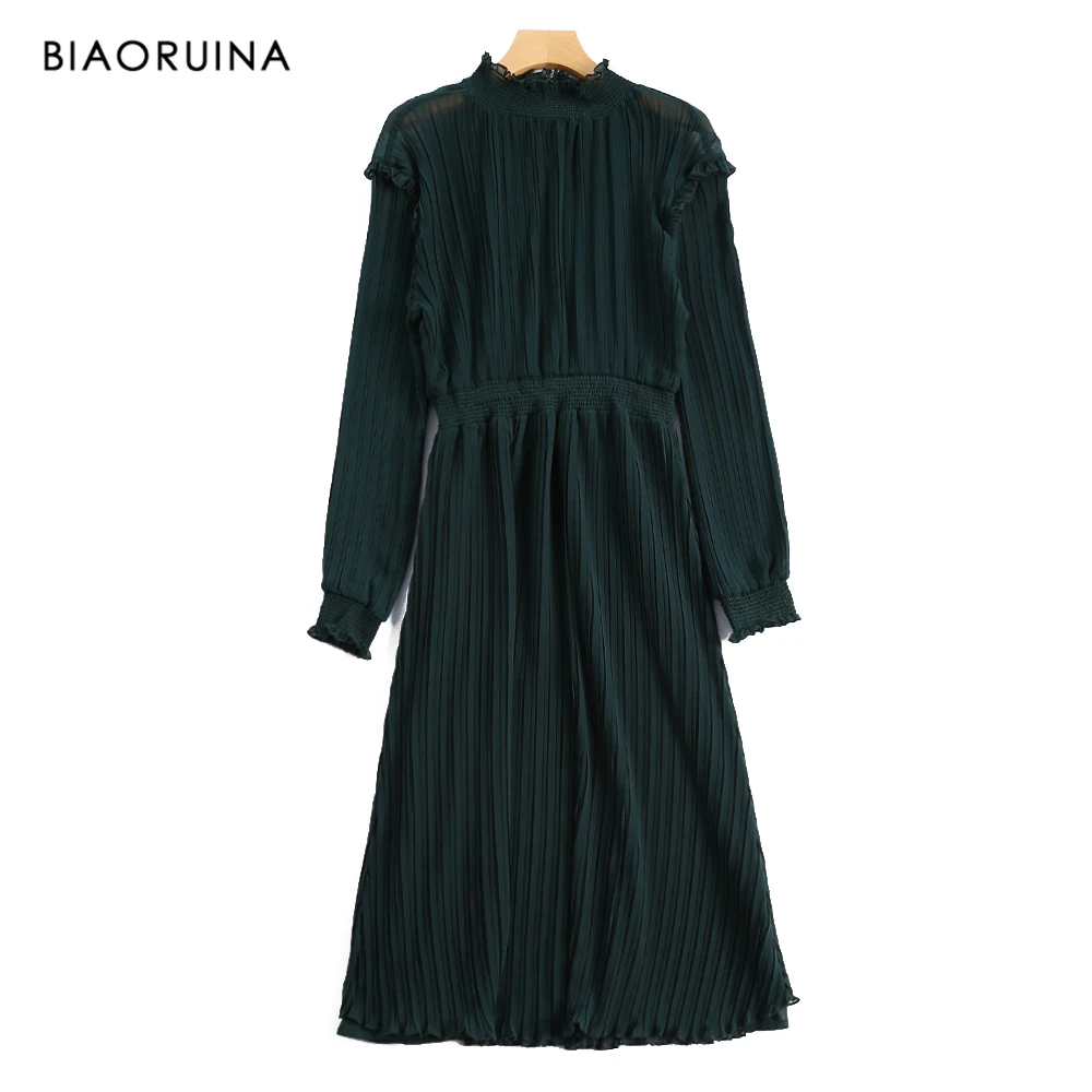 BIAORUINA женское повседневное шифоновое однотонное длинное плиссированное платье с
