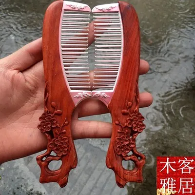 

Exquisite Blood Sandalwood Inlaid Silver Comb Ornament