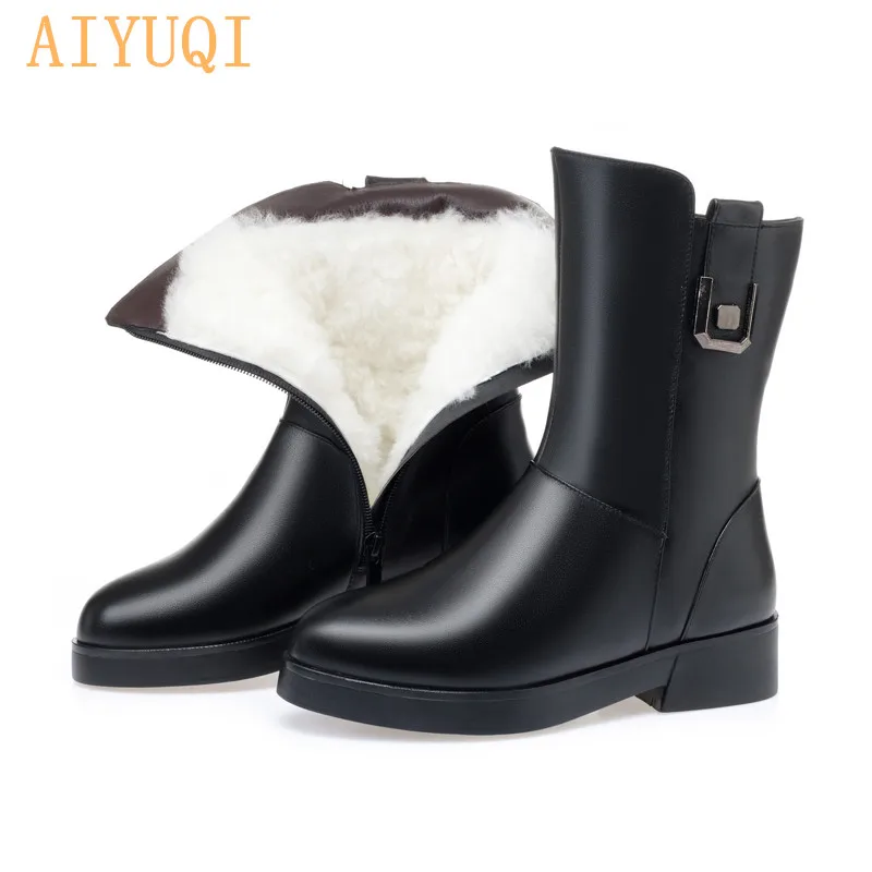 Black wool AIYUQI женские ботинки из натуральной воловьей кожи; большие размеры 41, 42; Новинка; толстая шерсть зимние ботинки повседневная женская зимняя обувь - Цвет: Black wool