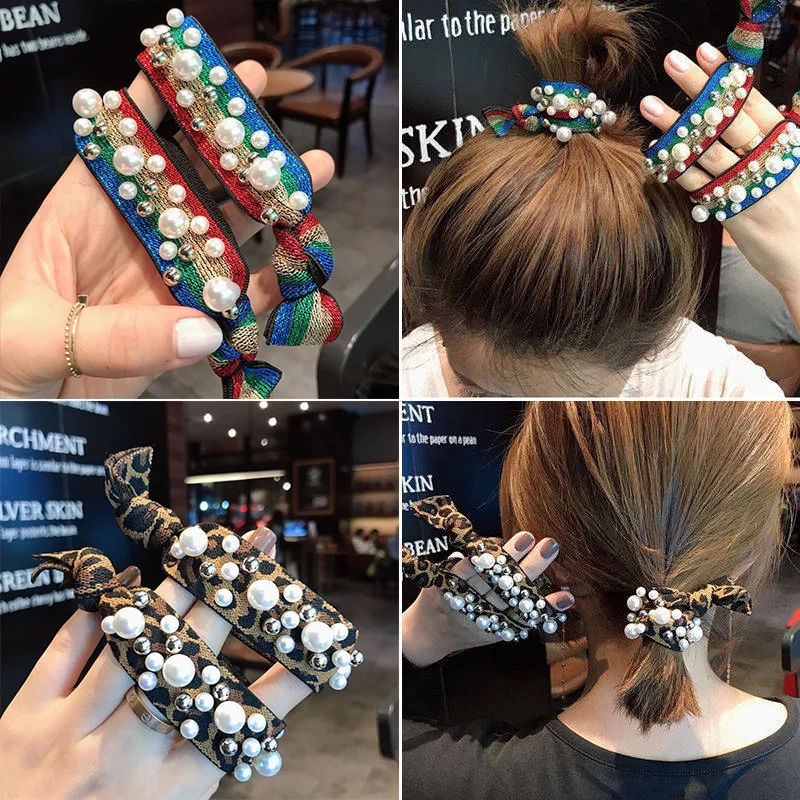 

Rainbow Stripe Rubber Band Leopard Pearl Hair Circle Nail Bead Knotted Hair Rope Prick Head Bracelet Head Rope Women Accesories