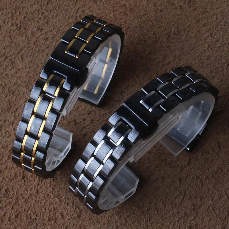 

14mm 15mm 16mm 17mm 18mm 19mm 20mm Ceramic Watchbands Black With Gold Watch Accessories for Lasys Dress Wristwatch Silver buckle