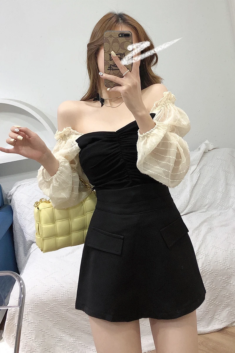 

Sexy Womens off-shoulder Short Shirt Strapless Top Women 2021 Spring High Waist Wide Leg Solid Color Short Skirt Mini Skirts