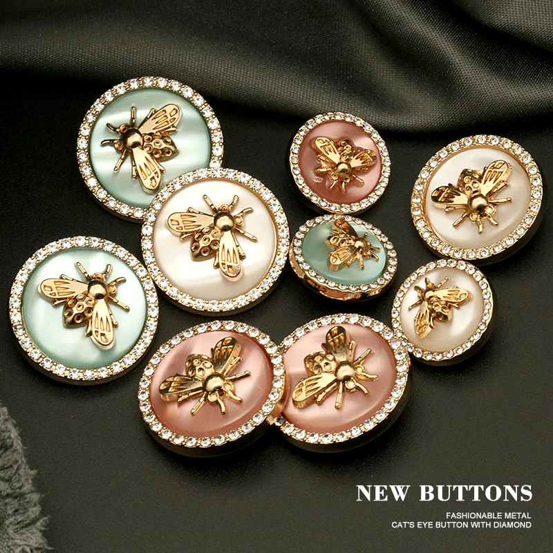 

6pcs Retro Rhinestones Diamond Decor Metal Gold BEE Pink Blue Pearl Buttons for Clothing Coat Cardigan Sweater Sew Needlework