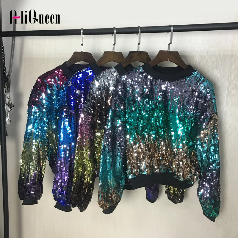

Autumn spring Women Multicolor Sequins T Shirt O-Neck Bat Long Sleeve Vitality Sports Tops Female Performance Clothing