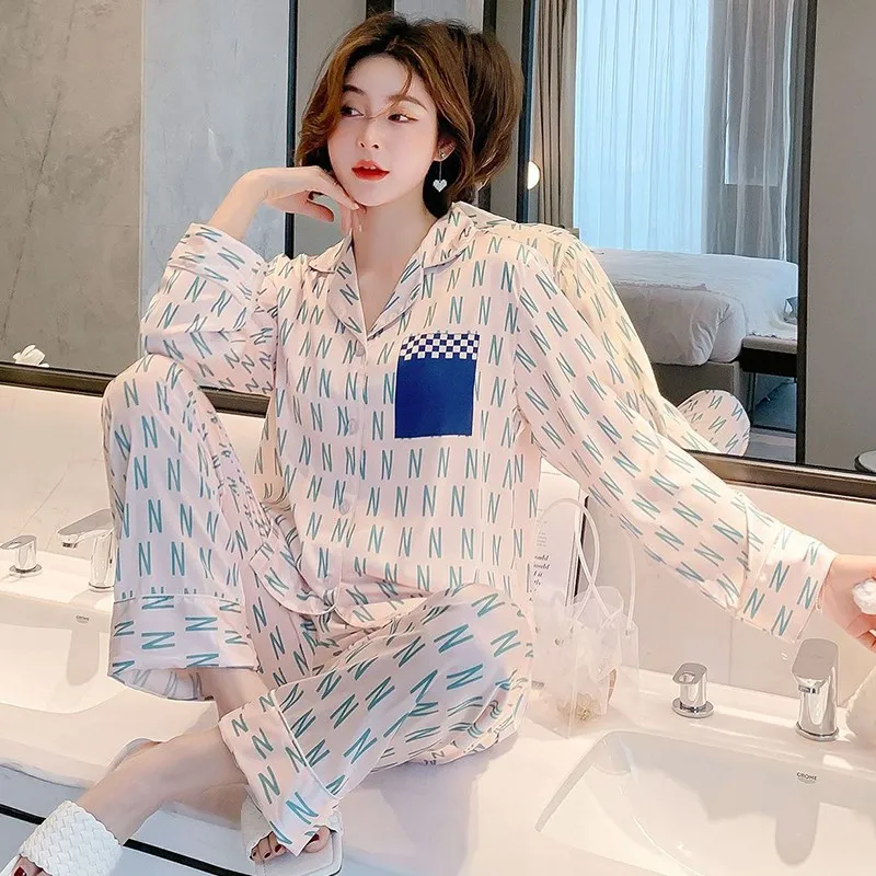 

Silky 2PCS Shirt&Pants Sleepwear Print Satin Pajamas Set For Women Casual Nightwear Pyjamas Soft Home Clothes 2021 New Pijama