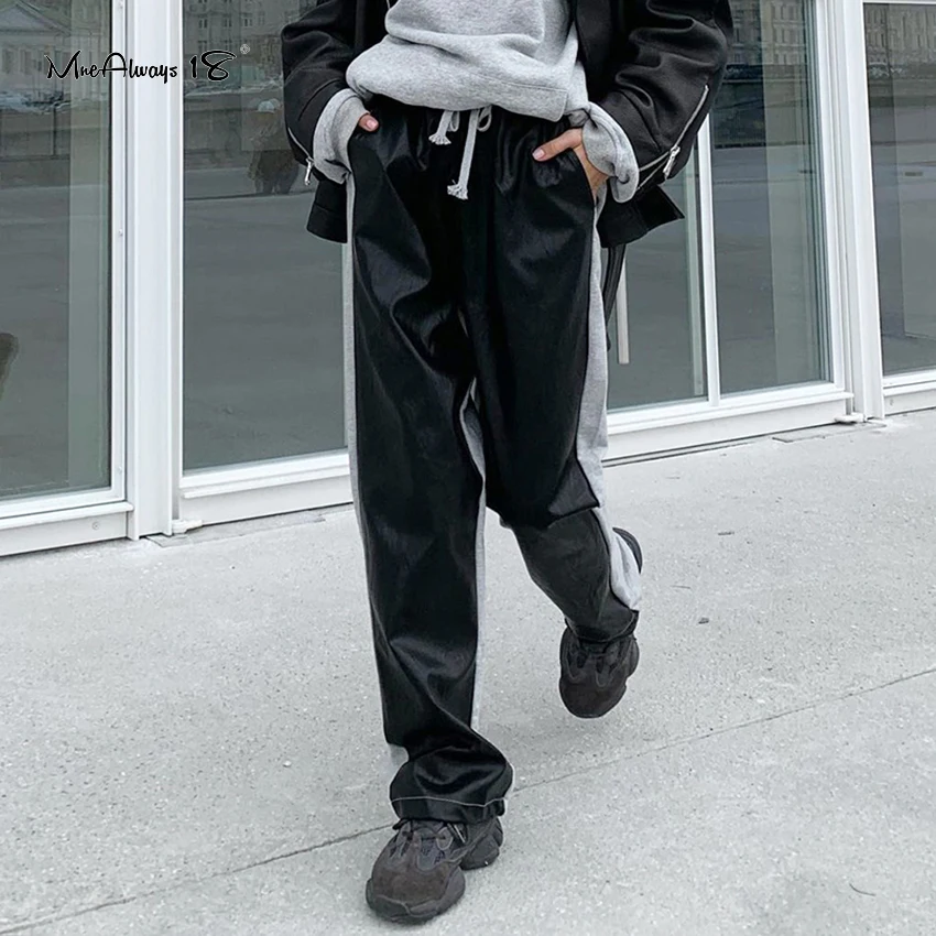 

Женские спортивные брюки Mnealways18 в стиле пэчворк с высокой талией, женские спортивные брюки-карандаш из искусственной кожи на шнуровке с кар...