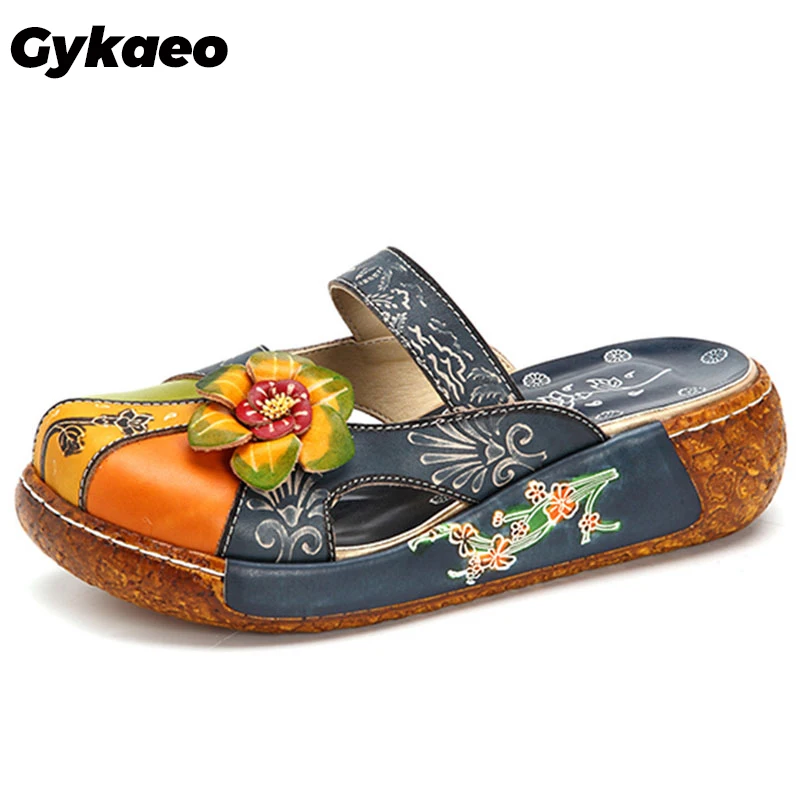 Gykaeo/тапочки с цветами Обувь из натуральной кожи Шлепанцы ручной работы Вьетнамки