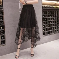 women summer sexy transparent pengpeng mesh maxi skirts new irregular black tulle korean high waist female long skirt with lace