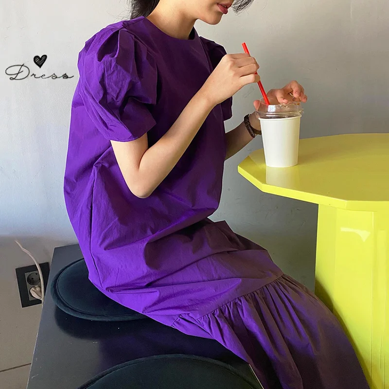Корейский стиль фиолетово белое свободное лоскутное платье с круглым вырезом