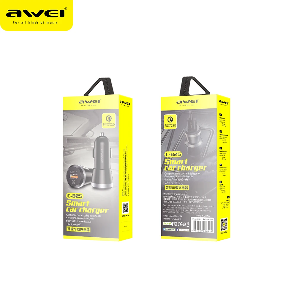 

Awei C-825 18W Mini Phone Car Charger USB Ualcomm Quick Charge For iPhone 12 Xiaomi Huawei Universal Device headset gamer