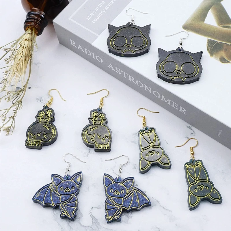 

95AB 2 Pcs/Set Skull Bat Earrings Resin Mold Ear Drop Dangle Pendant Silicone Mould