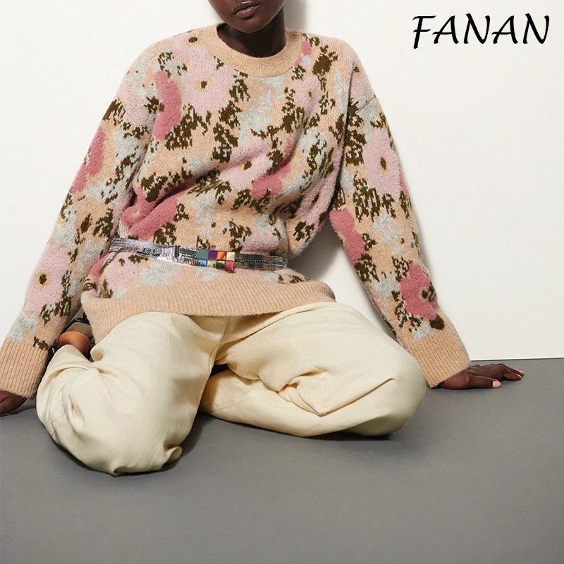 

Women 2021 Autumn Winter Jacquard Sweater ZA O-Neck Oversized Thicken Warm Knitted Casual Soft Clothing Lady Pullovers Outwear