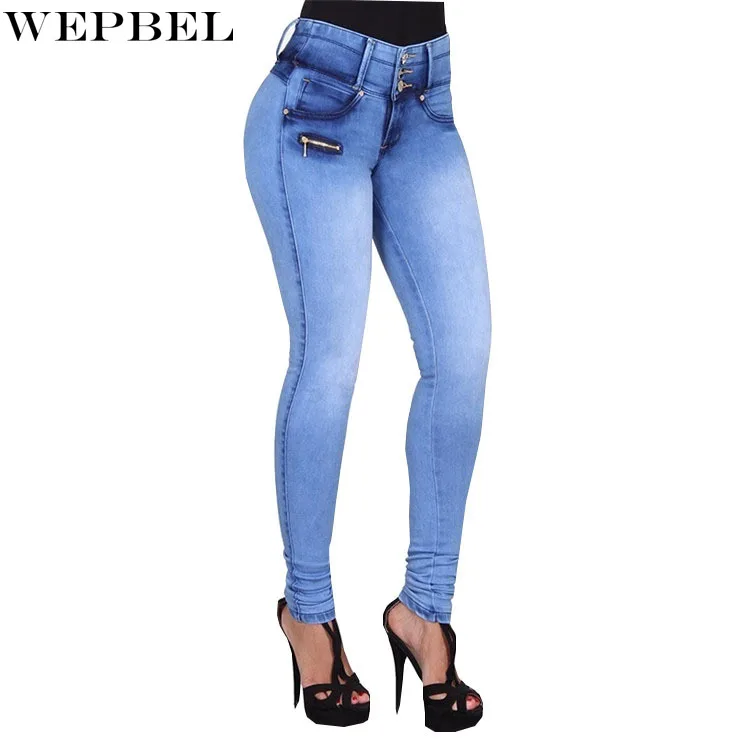 

WEPBEL Women's Casual Slim Jeans Spring and Summer Fashion High Waist Solid Color Button Zipper Denim Pencil Pants