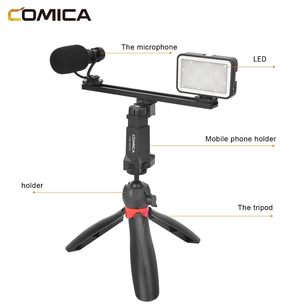 

Comica CVM-VM10-K5 Smartphone Video Kit With LED Light Cardioid Shotgun Microphone Tripod Multifunction Vlog Kit For Phones
