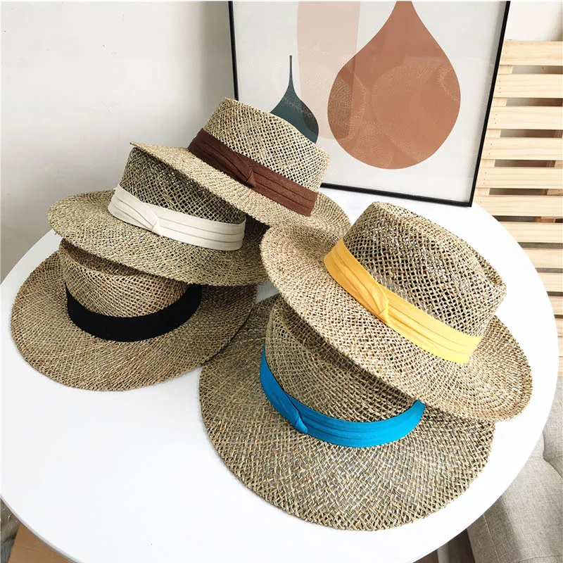 Hand-woven flat-top straw hat Sun Hat  Straw Hollow Out Mesh Hat  Beach Sun Hats Uv Protection for  Women Beach Sun Hat