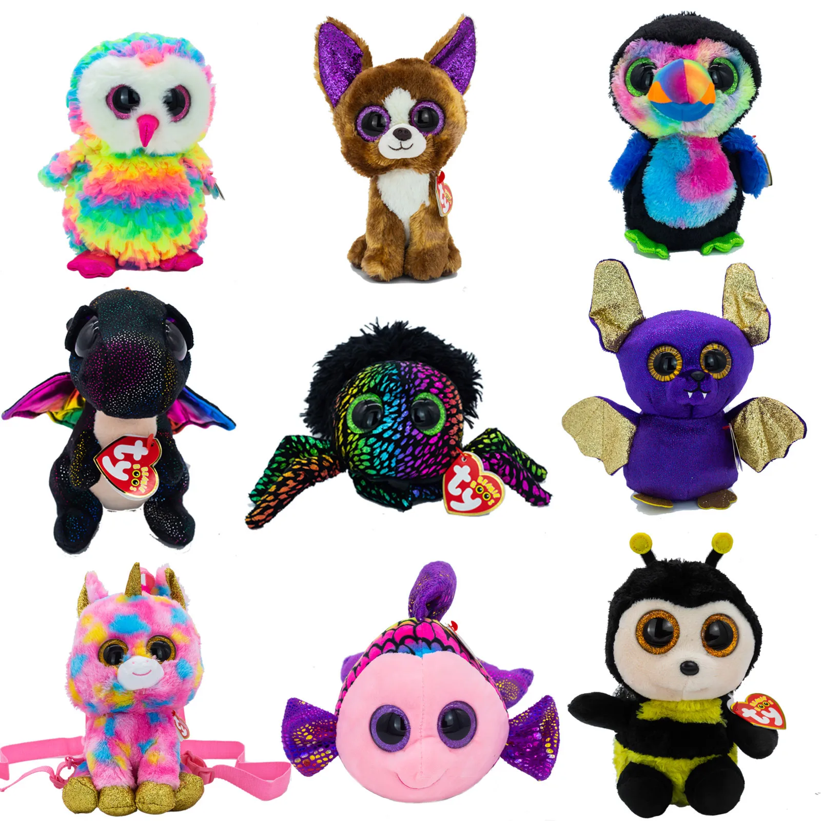 

New 6" 15cm Ty Big Eyes Sparkling Pea Velvet Owl fox Bat Bee Unicorn backpack Animal Toy Collectible Boy Girl Birthday Gift