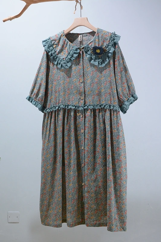 

New Summer Short Sleeve Cotton Linen Dress Casual Loose Floral Single Breasted Dress