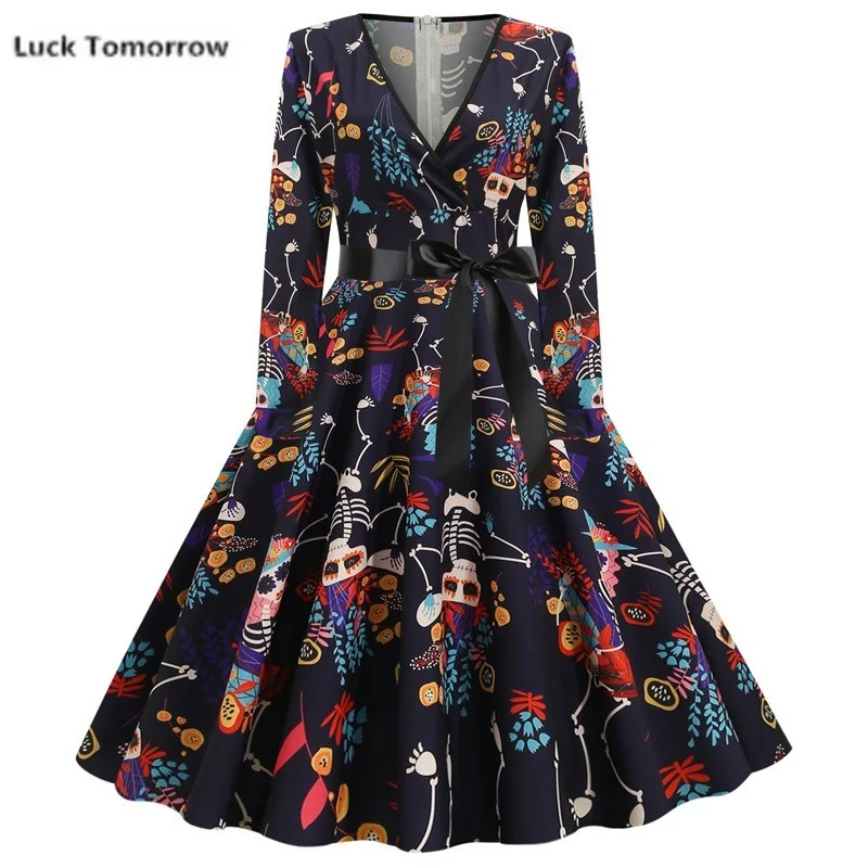 Платье женское вечернее Плиссированное с V-образным вырезом черепом и тыквой |