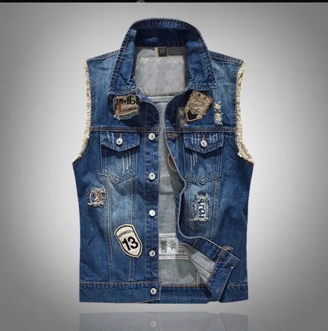 Мужские джинсовые жилетки пальто рваные без рукавов весна Мужская Уличная