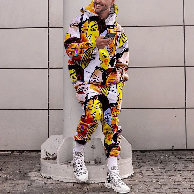 

Explosions European and American Style 3DPrinting Sweatshirt Artistic Color Trousers Hooded Long-sleeved Couple Casual Suit Men