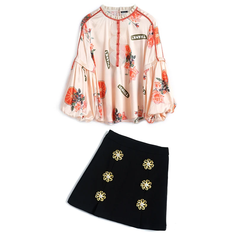 

2021 Summer New Women's Print Lantern Sleeve Loose Shirt Blouse And Fashion Flower Button Black A-Line Skirt Suits 2 Piece Sets