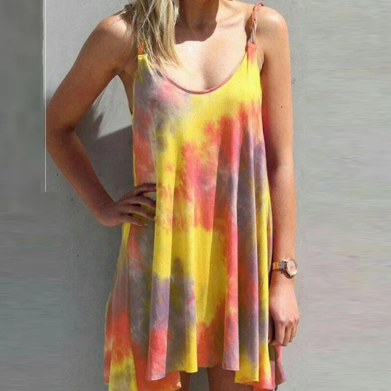 

Colorful Tie Dye Mini Dress Plus Size 2020 Summer Sleeveless Dress Sexy Women Casual Loose Ladies Backless Beach Dress vestidos