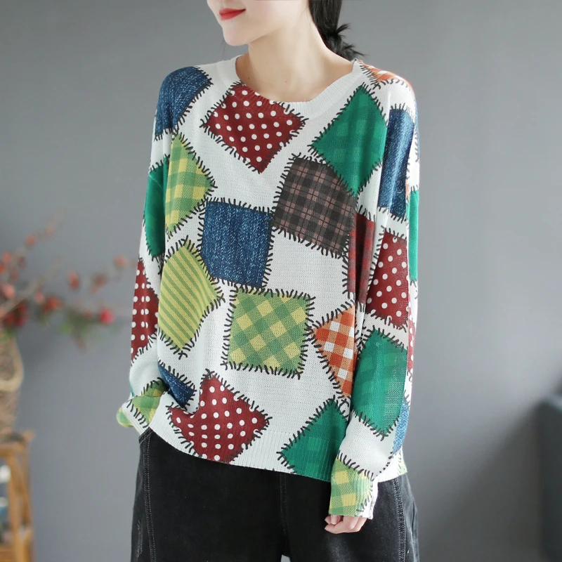 

Masss Wasss New Autumn 2021 British Style Vintage Printed Plaid Sweater Womens Casual Gothic Jumpers Long Sleeve Female Pullover
