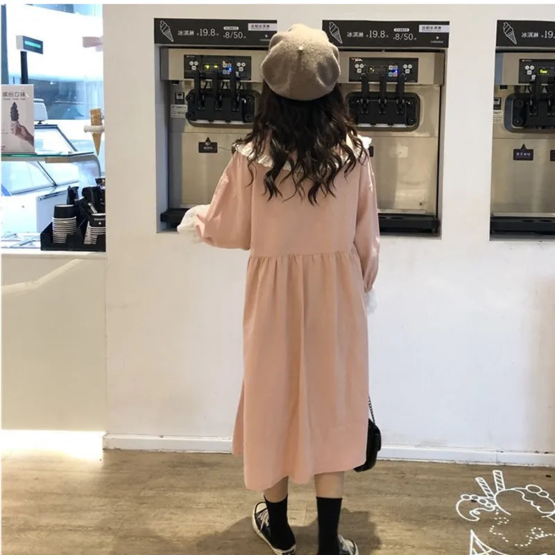 

Kawaii Vintage Sweet Korean Women Dresses Long Sleeve Chic Casual Doll Collar Dress Button Lovely Loose All-match Female Skirts