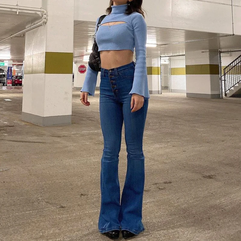 

Женские винтажные джинсы-клеш YICIYA, с высокой талией, элегантные облегающие брюки-клеш с карманами, на пуговицах, летние джинсовые брюки