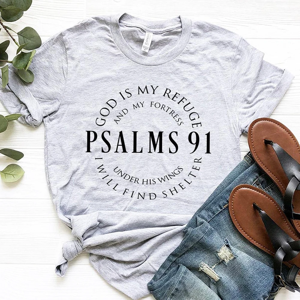 God Is My Refuge Psalms 91 Christian T Shirts Women Bible Saying  Religious Tshirt Plus Size Shirt Inspirational