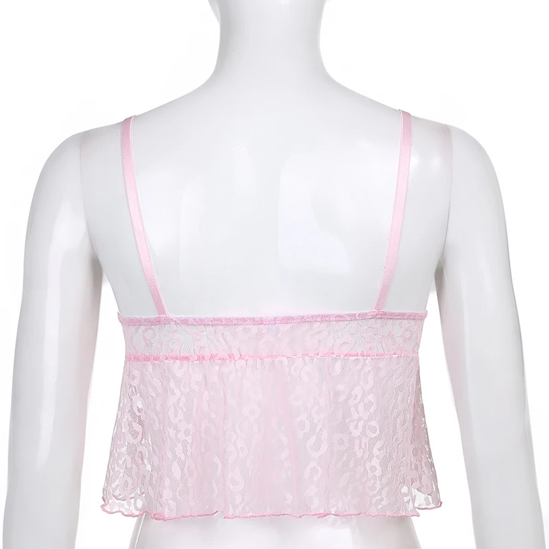 

Rockmore Y2K Mesh See Through Pink Cute Spaghetti Strap Crop Top Women Sweet Vest Sleeveless Camis V-Neck Tank Tops Tee Clothes