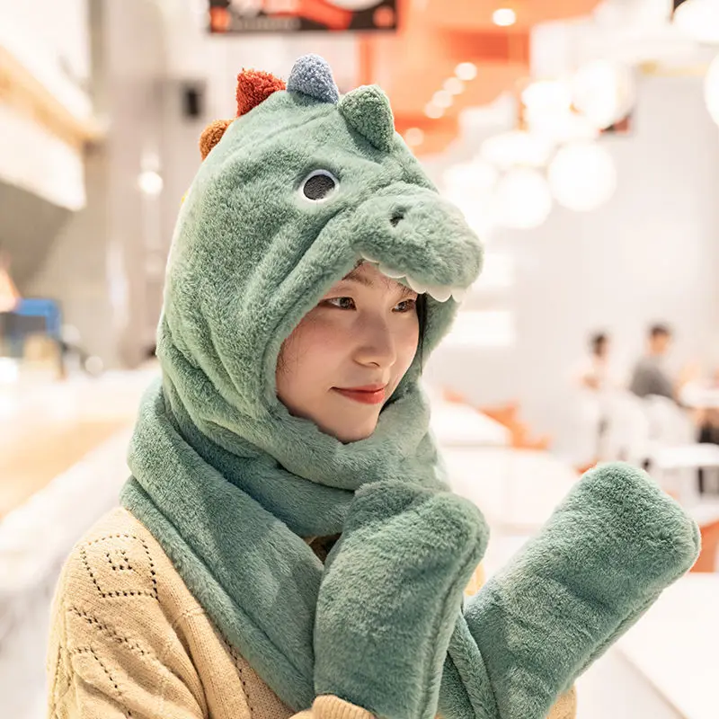 

Женская модная Милая норковая шапка 2021 с мультяшным динозавром, зимняя теплая утолщенная шапка с шарфом и перчатками, цельная шапка