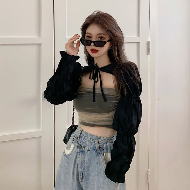 

2021 Korea Fashion Autumn Women Black Puff Sleeve Lace-Up shawl shirt + Splicing Mesh Sexy Top Sexy Two-piece
